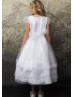 Cap Sleeves White Lace Organza Tea Length Flower Girl Dress